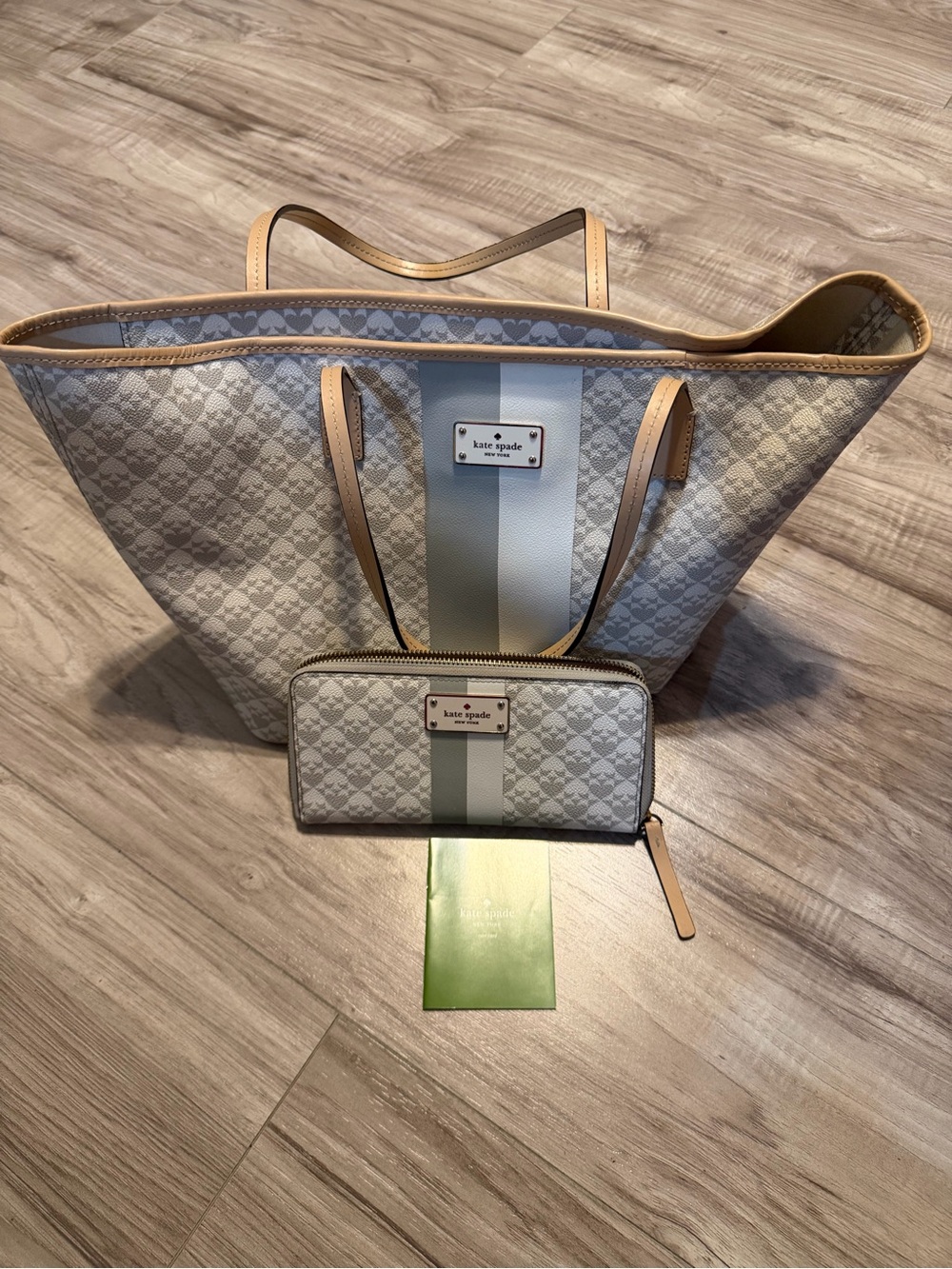 kate spade Pale Gray Stripe Tote with Matching Wallet Set